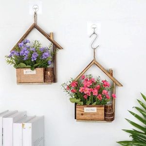 3D Artificial Flower Wall Hanging House Shaped Wooden Photo