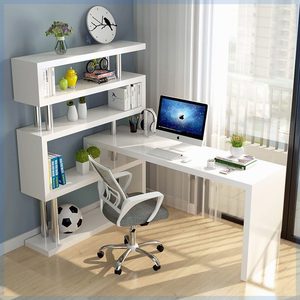 卧室电脑桌带书柜简易学习办公桌家用转角书桌书架组合一体写字桌