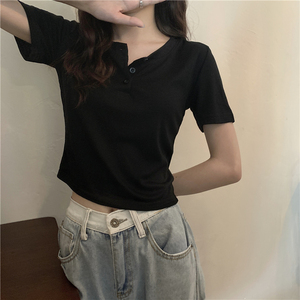 韩版黑色别致短袖T恤女半开领上衣2024夏季纽扣设计感纯棉体恤女