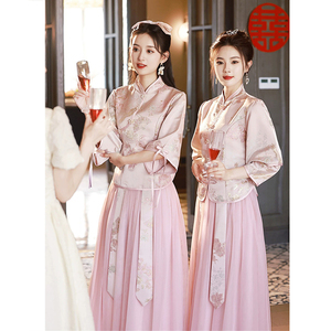 新中式旗袍伴娘服大码2024新款婚礼服裙姐妹团小众高级感胖mm显瘦