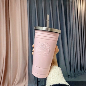 星巴克杯子新款吸管杯不锈钢粉色条纹高颜值咖啡杯生日礼物喝水杯