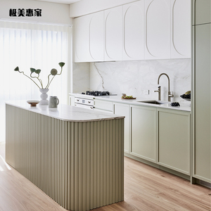 香港轻法奶油风白色绿色混油实木法式宜家岛台开放式厨房橱柜定制