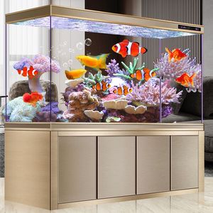 新款底滤鱼缸客厅家用中大型免换水水族箱屏风玄关超白玻璃龙鱼缸