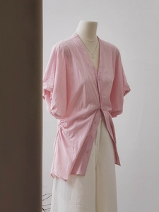 韩系宽松慵懒V领粉色灯笼短袖衬衫女夏季中长款轻薄苎麻防晒上衣