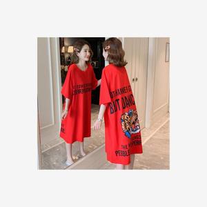 夏装新品韩版中长款虎头短袖T恤女裙子宽松女装大码连衣裙大红色