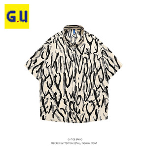 GU(服饰)旗舰店2024夏季轻薄冰丝短袖衬衫男夏威夷沙滩花衬衣寸衫