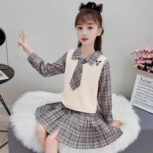 女童春季马甲连衣裙两件套2021新款韩版小学生衣服学院风格子套装