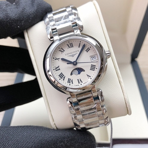 正品浪琴longines心月系列钢带银色月相显示石英手表女l81104716