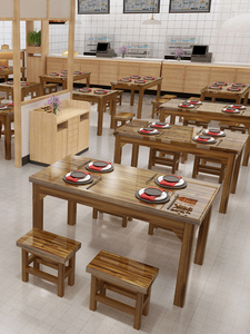 实木饭店桌椅餐桌面馆小吃店桌快餐桌椅组合餐馆食堂直销碳化餐桌