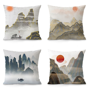新中式山水风景抱枕烁金线中国风禅意沙发客厅绒布靠垫枕套含枕芯