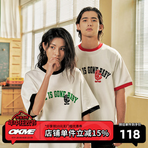 OKME/LOVE IS GONE歌词 美式插肩印弧形字印花拼色短袖T恤潮牌夏