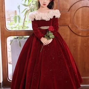 红色晚礼服女童秋冬季儿童生日高端公主裙花童主持人拜年服高级感