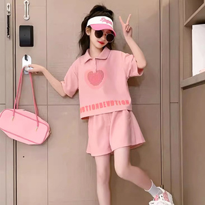 女童运动套装2024新款洋气时髦夏季薄款短袖短裤粉色休闲夏装韩版