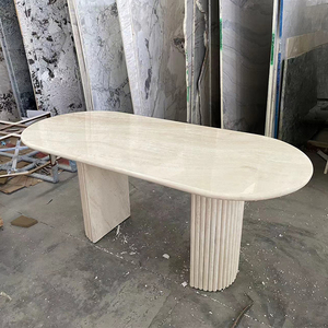 天然洞石大理石椭圆形诧寂设计师餐桌法式奶油风长条导台桌定制
