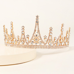 欧美新款合金水晶复古皇冠奢华宫廷婚礼头饰金色水钻公主新娘皇冠