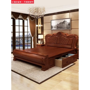 CBD实木床1.8米双人床中式主卧高箱储物床雕花家具现代简约2米大