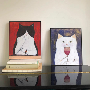 喝咖啡红酒的猫文艺萌猫小众艺术装饰摆件画简约客书房墙壁挂画