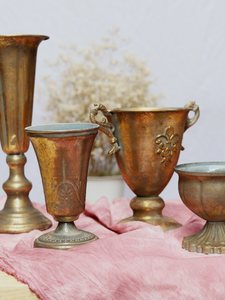 古典高脚杯花器花瓶花盆复古做旧铁艺金属欧式婚礼花瓮拍照摆件