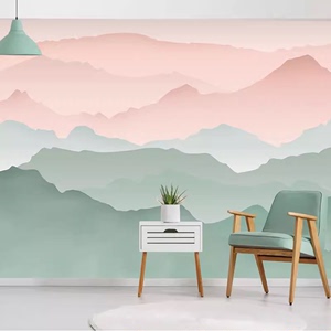 新中式水墨彩色山水墙布客厅电视背景壁纸小清新卧室书房餐厅壁画