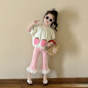 巴拉巴柆女童夏款2024新款童装韩版套装卡通草莓短袖上衣T恤花瓣