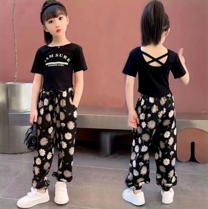 韩版女童夏季套装2024新款时髦洋气儿童装女孩爆款短袖防蚊裤两件