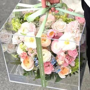 高透明亚克力花盒鲜花包装盒玫瑰花束礼盒镜面方形爱心形插花花艺