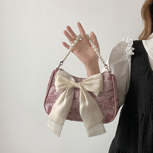 三福女小众设计珍珠肩带包包女2024新款蝴蝶结手提斜挎包腋下包