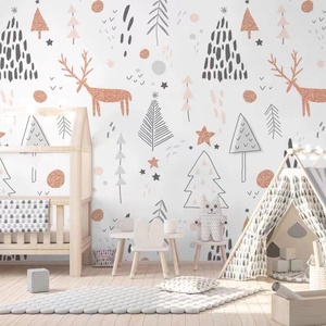 儿童房壁纸卡通手绘森林动物壁画现代简约卧室背景墙布游乐场墙纸