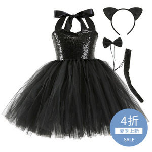 tutu裙套装女童新年服装表演服派对黑色亮片儿童礼服猫咪蓬蓬裙