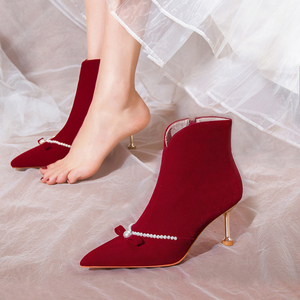 PJJUU冬季婚鞋细跟短靴女2023年新款秀禾服新娘鞋红色高跟靴子加