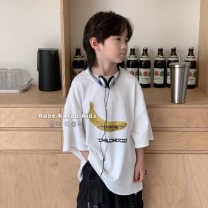 Robe韩国童装香蕉印花上衣 220g液态棉韩版潮牌宽松男大童短袖T恤