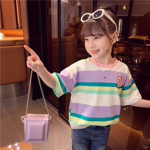 巴拉巴柆韩系女童短袖时尚条纹T恤夏季2024新款中童洋气夏天衣服