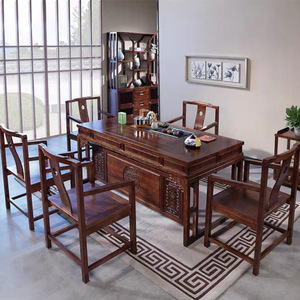 红木茶台新中式实木茶桌椅组合花梨木仿古雕花功夫茶几大理石茶桌