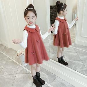 春季新款韩版女童套装连衣裙儿童两件套毛呢背心裙女孩公主裙加绒