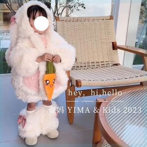 韩国童装女童毛绒兔子耳朵套装冬装儿童洋气羊羔毛外套加厚毛毛衣