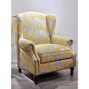 美克美家美式老虎椅布艺老虎凳单人沙发休闲椅卧室乳胶黄色高背椅