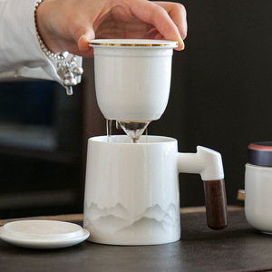 羊脂玉茶杯陶瓷茶水分离杯办公室过滤水杯带盖杯子商务礼盒伴手礼