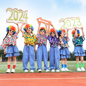 儿童啦啦队演出服班服春季小学生运动会开幕式表演服装港风花衬衫
