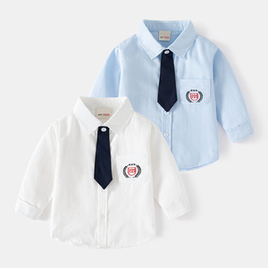 男童领带长袖衬衣韩版时尚新款春装刺绣中小儿童宝宝洋气上衣衬衫