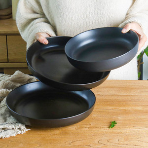 复古日式圆形陶瓷碗黑色高级菜碗家用汤面碗牛排西餐沙拉意面深盘