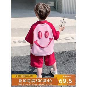 男童套装夏季2024时尚韩版宝宝秋装短袖POLO领洋气粉色儿童两件套