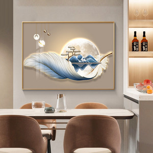 现代轻奢餐厅饭厅装饰画餐桌酒柜壁画高级感羽毛客厅背景墙挂画