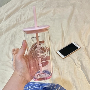 星巴克杯子新款可爱粉色猫爪三角杯樱花玻璃吸管杯咖啡杯女生礼物