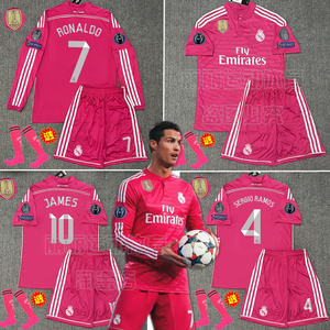1415皇马粉色球衣长袖欧冠版7号c罗复古拉莫斯贝尔客场足球服套装