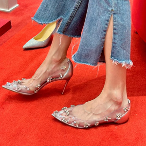 CL新款红底银色透明水钻细跟性感高跟鞋女士尖头水晶真皮浅口女鞋