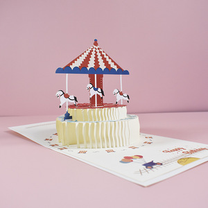 创意儿童生日立体贺卡3D手工纸质生日卡片旋转木马蛋糕送妈妈教师