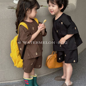 韩系 童装儿童夏季套装2024新款男女宝宝小熊刺绣短袖T恤短裤子两