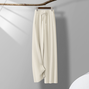 高级垂感裤子女夏季2024新款高腰系带西装面料休闲直筒窄版阔腿裤