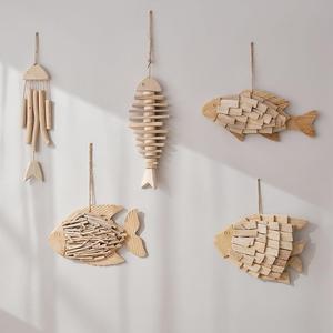 中地海风格木质大小鱼串鱼骨挂件创意渔网挂饰家居墙上装饰品壁饰