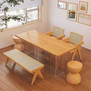 白蜡木餐桌北欧简约亚克力悬浮餐桌家用日式创意大板实木桌工作台